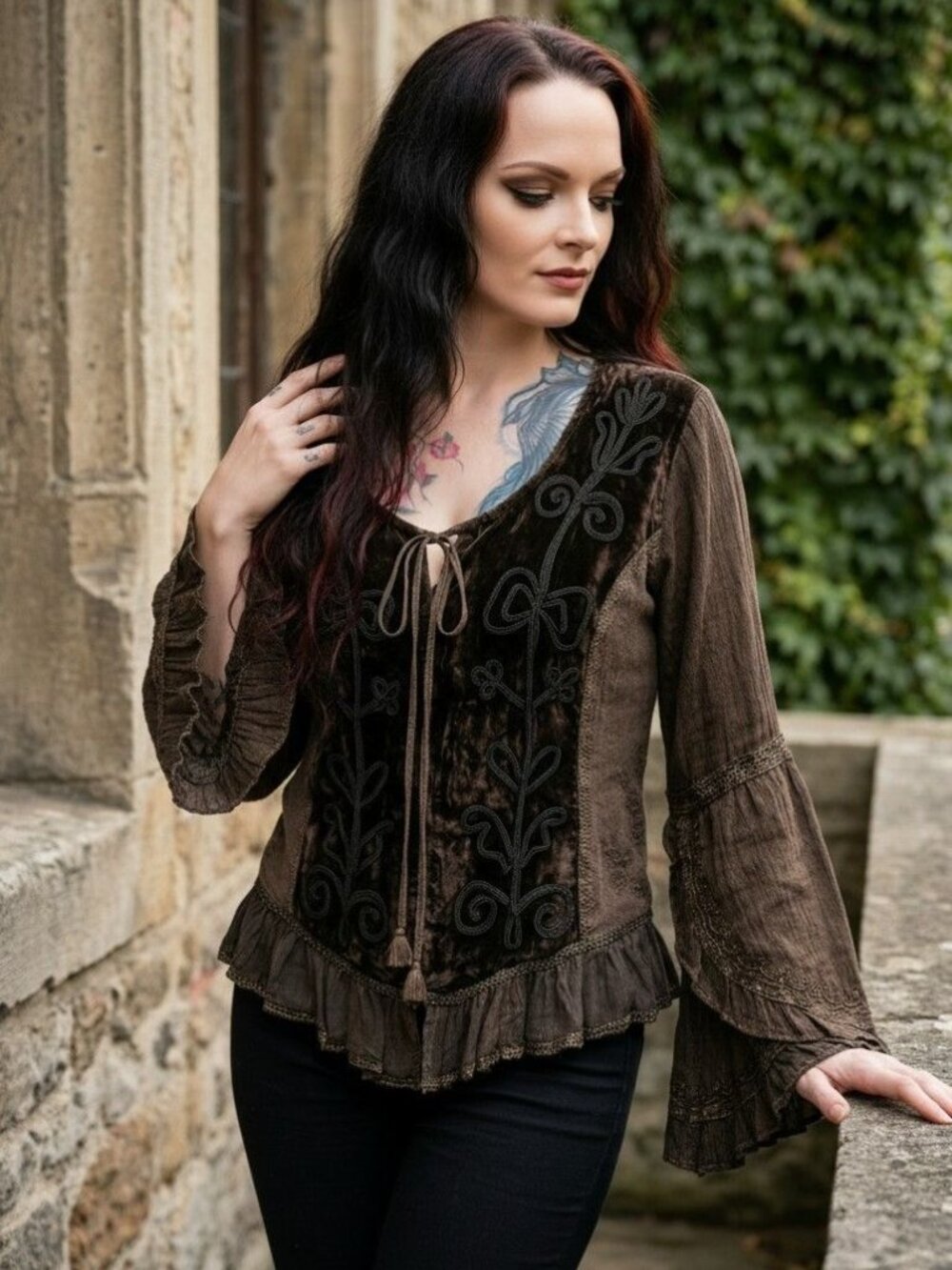All That Jazz โฆ Velvet Embroidered Brown Boho Blouse โฆ Bell Sleeve Ruffle Hem M - Picture 7 of 15